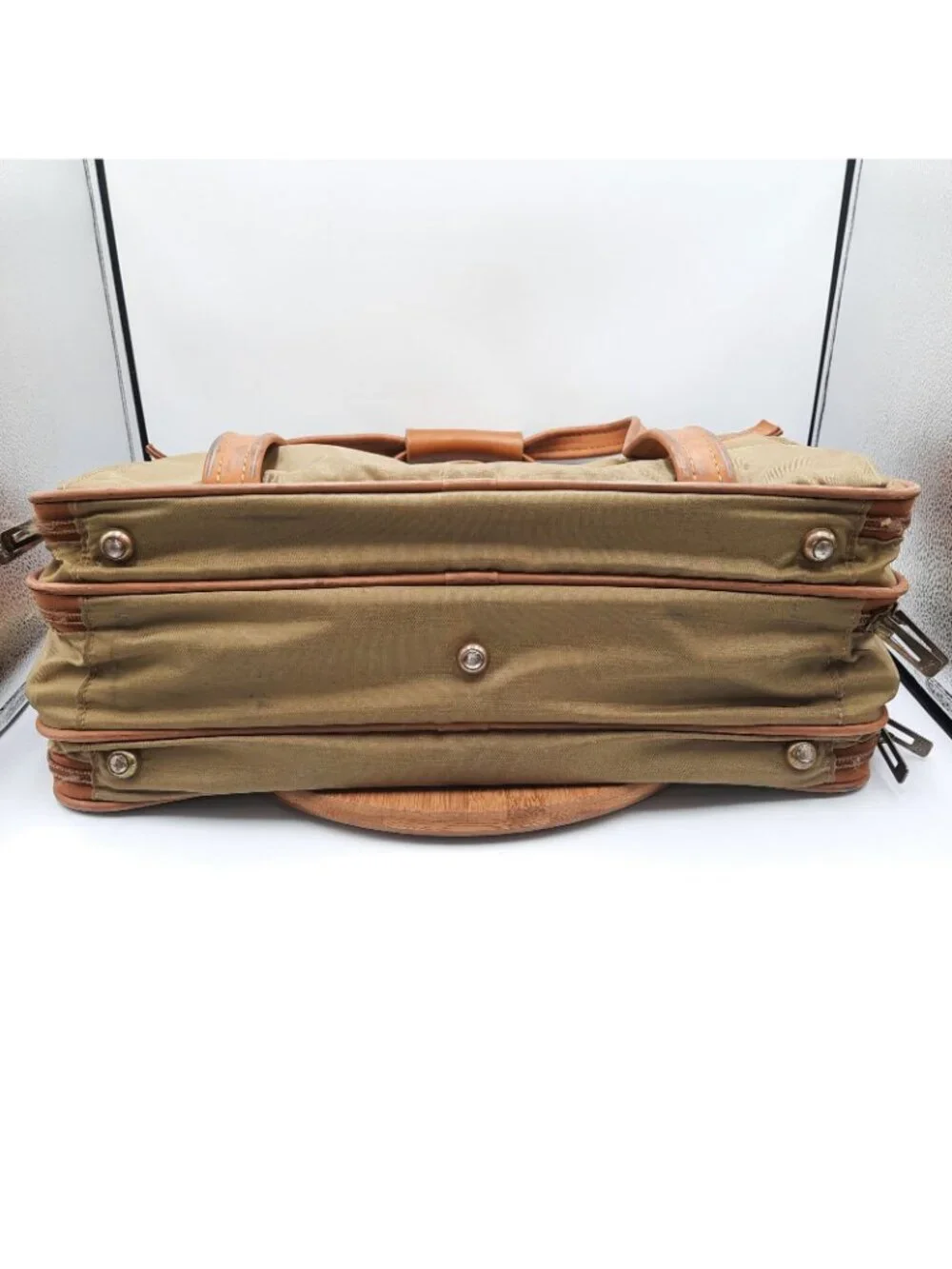 Vintage Hartmann Luggage Khaki Nylon Leather Trim Folding Zip Travel Garment Bag